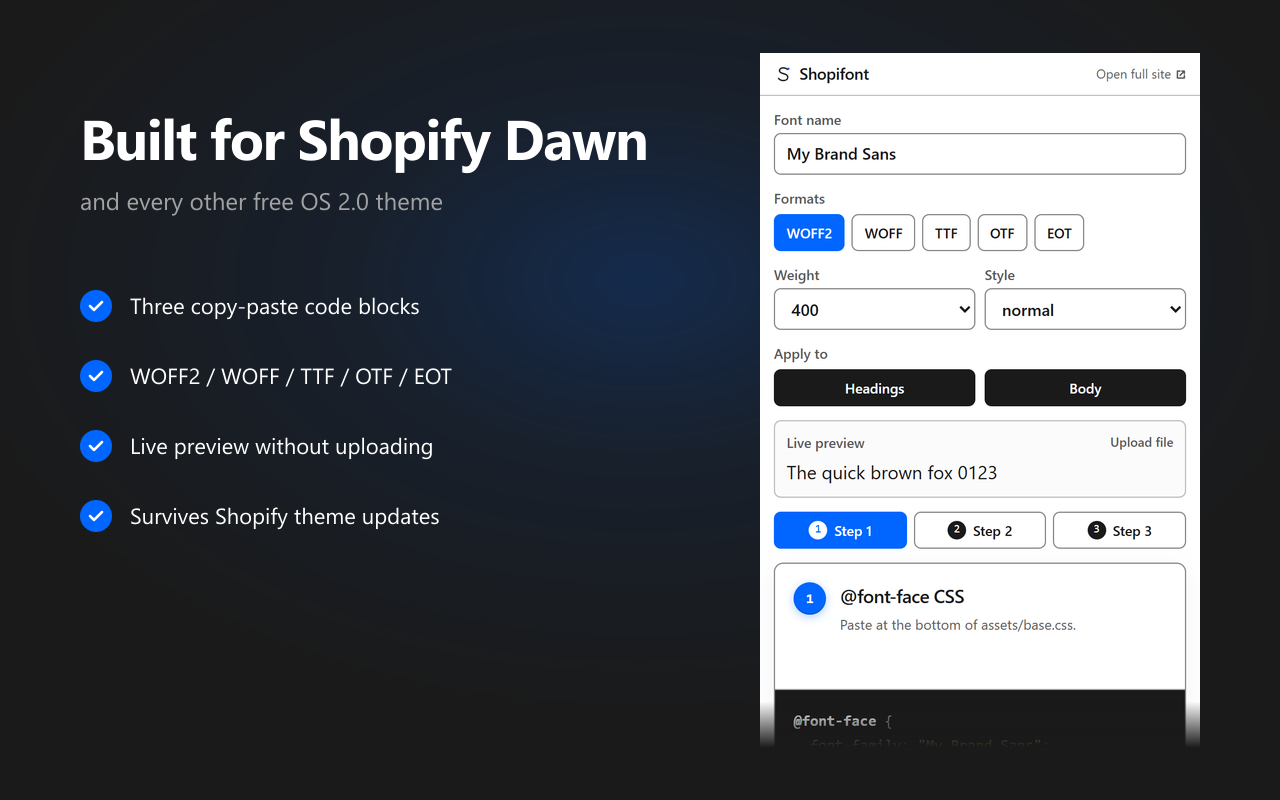 Shopifont extension showing the generated @font-face, settings_schema.json, and CSS variable code blocks